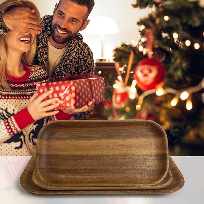 Acacia Wooden Plates Set of 3, 8/8/10 Inch Rectangular Serving Platters for Charcuterie, Appetizers, Acacia Wood Plates, Stackable Dinnerware Trays for Kitchen, Party & Entertaining (Rectangular Tray)