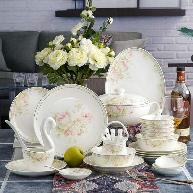 Elegant Flowers Pattern Ceramics Combination Tableware Set of 46 Pieces Plates Bowls Dish Soup Pot Dinner Set for Banquet Wedding Gifts