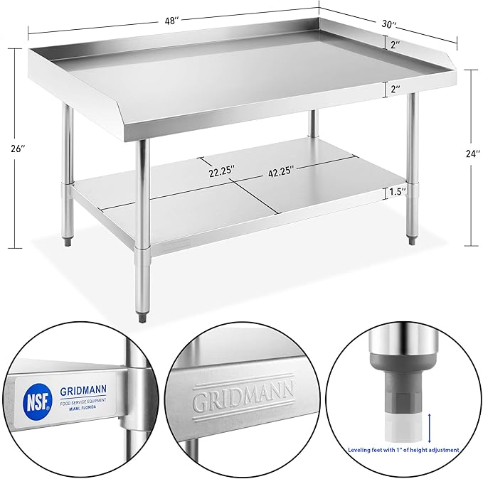 GRIDMANN NSF 16-Gauge Stainless Steel 48" L x 30" W x 24" H Equipment Stand Grill Table with Undershelf for Commercial Restaurant Kitchen