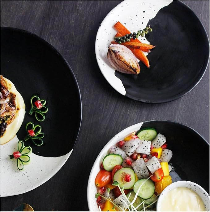 roro Handcrafted Ceramic Appetizer & Salad Plates - Set of 2, Mottled Cream, 7 Inches | Unique Black & White Organic Glazed Design | Sturdy & Food-Safe, Microwave Safe, Lead-free Glazed