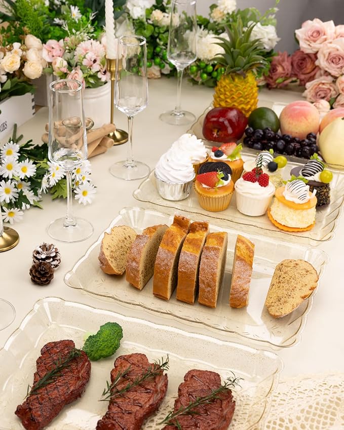 BESTVIP Clear Gold Glitter Serving Trays - 12 Pack 9x13 Rectangle Flower - Cookie Platters for Weddings, Events, Daily Glam, Dessert Displays & Crafting