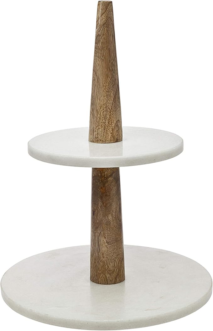 Godinger - Natural Marble Stone and Wood 2-Tier Cake Stand Dessert Server