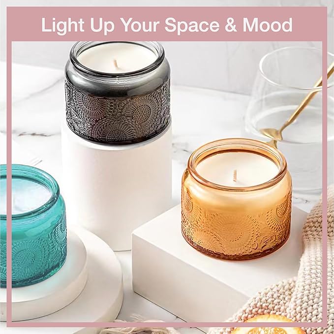 4 oz Colored Mini Glass Jars with Airtight Bamboo Lids 6 pack, Decorative Small Food Storage Canister, Vintage Embossed Home Décor Candle Parties Wedding Baby Shower Favors Gift