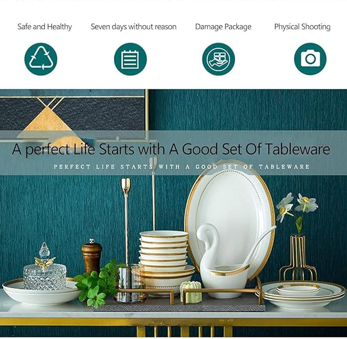 Dinnerware Set Luxury Family Dinner Service Set, 30/56/60PCS Ceramic Dinnerware Set Bone China Tableware Dishes Plates Ceramic Combination Dinner Service Set Po