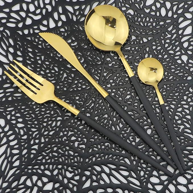 Shiny Silverware Sets, 24-Piece Elegant Cute Black Handle Gold Cutlery set,304 Stainless Steel Silverware Set for Eating Home Kitchen Hotel Restaurant, Sets for 6 People, Dishwasher Safe