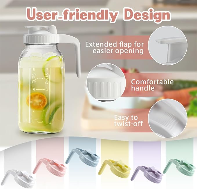 64oz Glass Pitcher with Lid & V-shaped Pour Spout - 2 Quart Breastmilk Pitcher Double Leak Proof, Creamer Container for Sun Tea, Juice, Cold Brew Coffee, Breastmilk Storage Containe