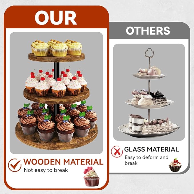 IBUYKE 3 Tier Cupcake Stand,Set of 2,Wood Durable Cupcake Tower,Round Serving Display Stand,Dessert Table Display Tree Tower for Birthday,Home Party, Wedding, Baby Shower,Rustic Brown UTLJ017H-2
