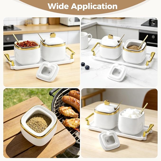 2 Pcs Ceramic Sugar Bowl Set with Tray, 12 oz Spice Container, Salt Bowl with Lid and Spoon, Modern Seasoning Storage Jar for Home and Kitchen, Coffee Bar