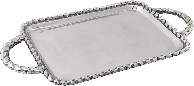 Boston International Trays Aluminum Platter with Rope Edging and Handles, Large, Silver