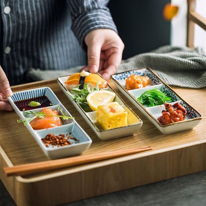 Sauce Dish Three Compartment Plate Ceramic Plate Sauce Bowl Sushi Dish Plate Multi Compartment Sauce Dish Vinegar Dish Plate Small Plate Snack Plate(B)