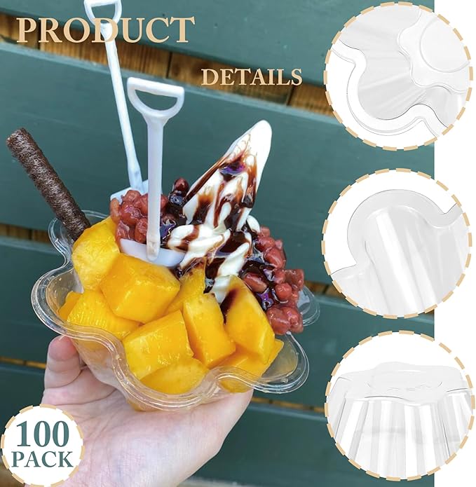 100ct 8oz Plastic Dessert Cups with Spoons, Clear Flower shaped Ice Cream Bowls, Party Sundae Serving Bowls, Parfait Appetizer Cups for Ice Cream, Nuts, and Salad