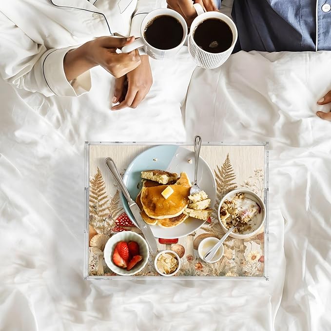 Serving Tray with Handles Clear Acrylic Tray 12x16 Inch Decorative Rectangular Tray Organizer for Ottoman Coffee Table Bathroom Watercolor Forestm Mushroom Beige