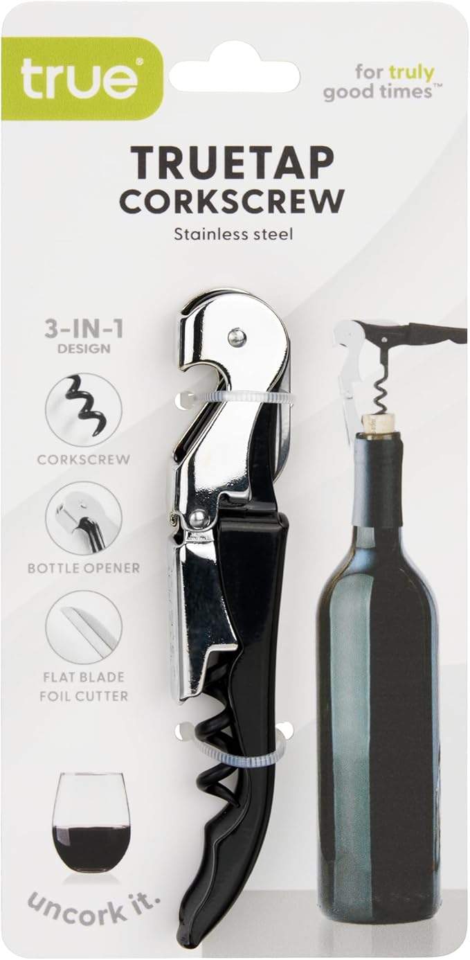 True Truetap Double Hinged Waiter's Corkscrew Wine Opener, Stainless Steel Wine Bottle Opener with Built In Foil Cutter, Home Bar Tools, Bar Cart Accessories, Wedding Gifts, Set of 1, Black Silver