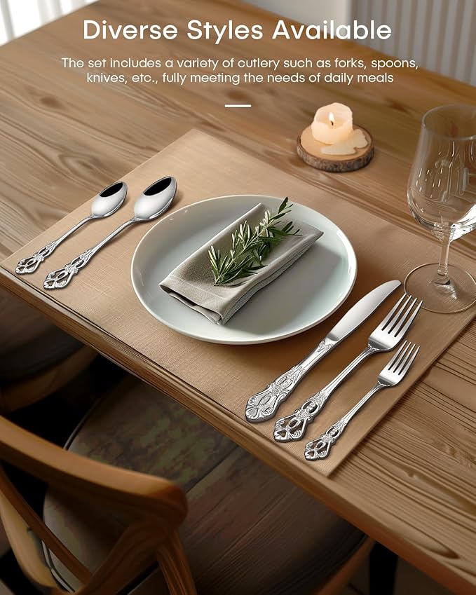 30-Piece Silverware Set for 6, Ollex Retro Royal Flatware Set with Stainless Steel Fork Spoons and Knives Vintage Utensils Set Mirror Polish Tableware Cutlery Set, Dishwasher Safe