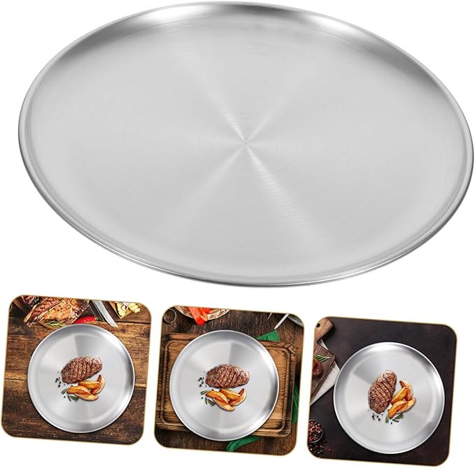 PRETYZOOM Stainless Steel Large Round Serving Tray Outdoor Food Serving for Grill Fruit Cake Plate Kitchen Supplies