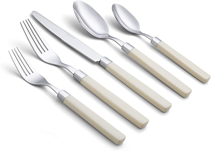 ANNOVA Silverware Set Stainless Steel Colorful Tableware Kitchen Flatware Set Utensils, Includes Dinner Knives, Forks, Spoons, Salad Forks & Dessert Spoons (Cream, 20 Pieces)