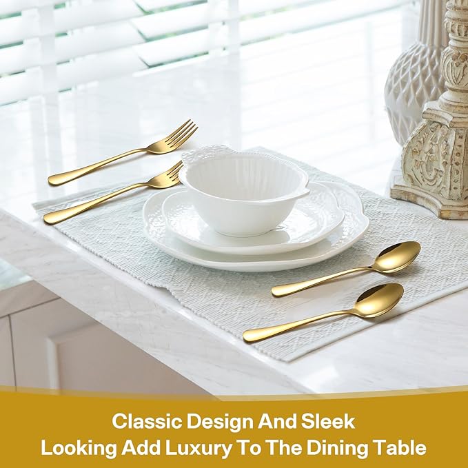 12 Pieces Spoons and Forks Set,Food Grade Stainless Steel Flatware Cutlery Set,6 Forks(6.8 inch)and 6 Spoons(6.6inch)Silverware Set for Home,Kitchen,Restaurant-Mirror Polished & Dishwasher Safe(Gold)