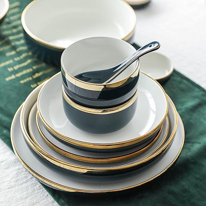 18 Piece Dinnerware Set Service for 4 People, Plates and Bowls Sets, Round Gold Trim Ceramic Dinner Set, Porcelain Dinnerware Set Dish Set, Tableware Multiplayer Set Salad Bowl Home GIF