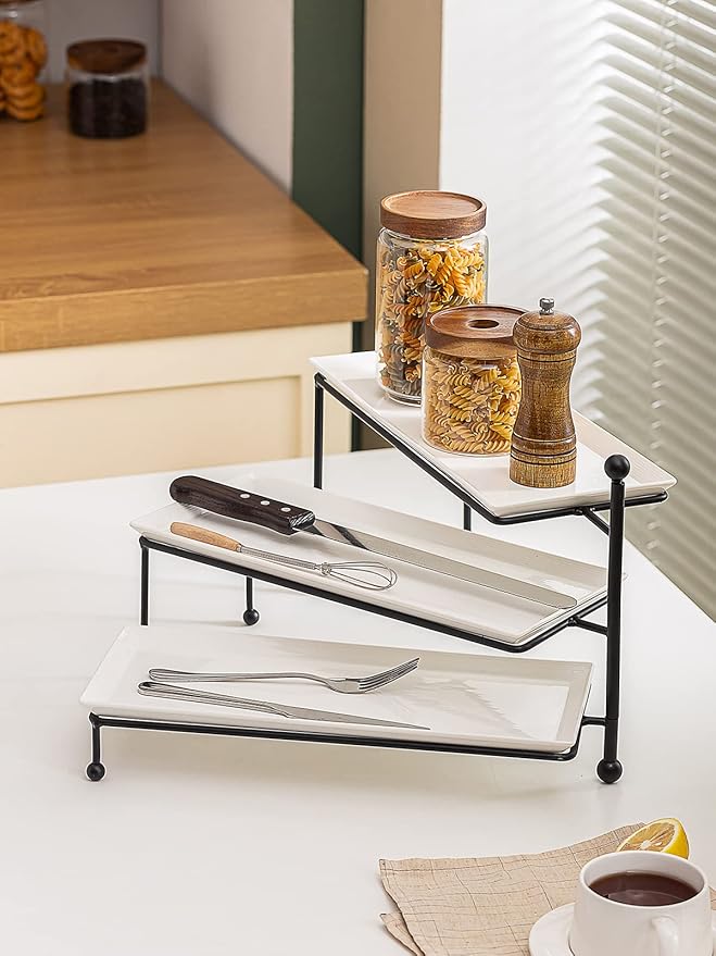 Kanwone 3 Tiered Serving Stand - White Porcelain Platters, 14.5" x 6" Tier Serving Trays for Entertaining, Dessert Stand