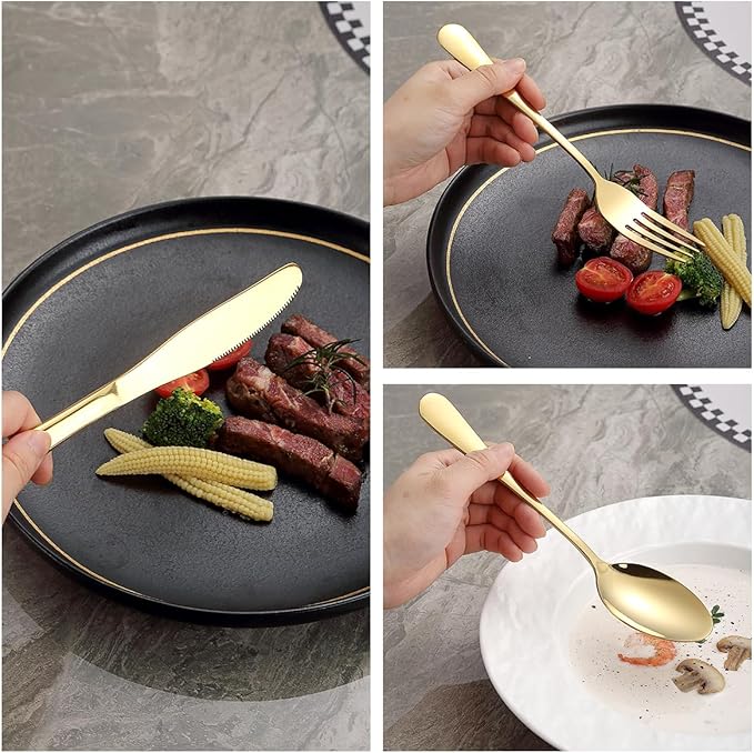 Silverware Set 60 Pieces Service for 12, ReaNea Gold Flatware Set, Titanium Plating Cutlery Set Include Dinner Knives, Dinner Spoons, Dinner Forks, Teaspoons, Salad Forks, Dishwasher Safe