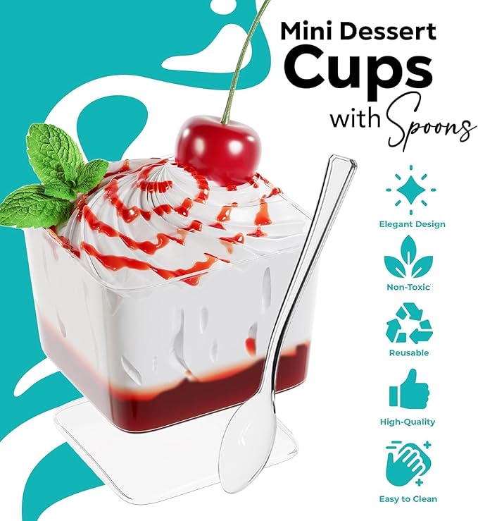 Exquisite Mini Dessert Cups With Spoons 200 Pcs - 2 Oz Square Clear Plastic Pudding Cups Disposable With Tasting Spoons 100 Sets | Mini Parfait Cup | Appetizer Cup For Party & Events