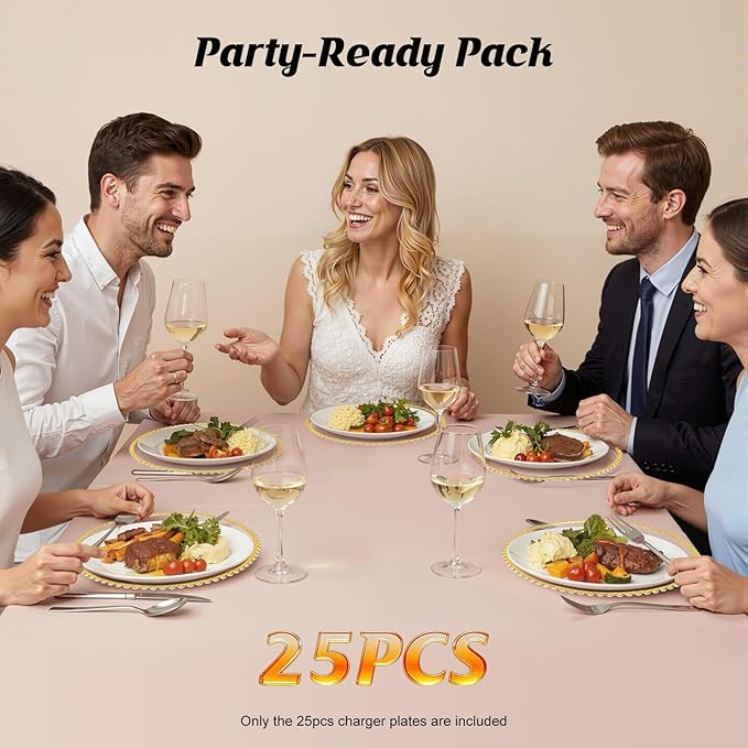25 Pcs Clear Acrylic Round Charger Plates with Gold Trim Plastic Charger Plate Bulk for Dinner Table Plate for Parties Wedding Décor Placemats,13 Inch (25pcs-Gold-1)