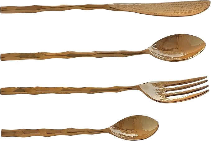 DeKulture Handmade Pure Brass 4-Piece Cutlery Set: Gold Flatware for Dining & Serving