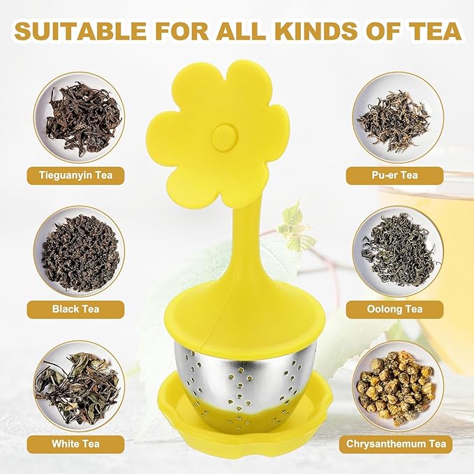 uxcell 2 Pcs Flower Tea Infuser, Stainless Steel Loose Leaf Tea Steeper Filter with Silicone Handle Reusable Coarse Pores Mesh Strainer Diffuser for Teacups Teapots Mugs, Yellow