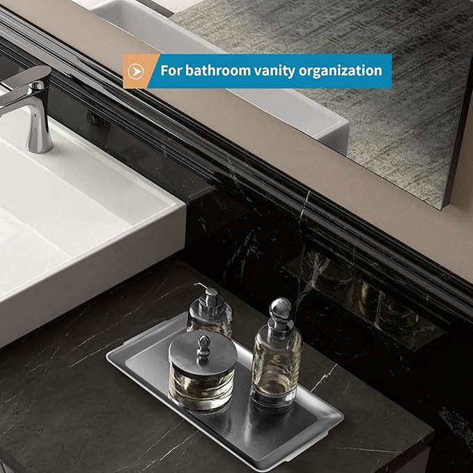 2 Pcs 304 Stainless Steel Serving Platters, 14.2" Rectangle Dinner Plates, Vanity Organizer Tray for Camping, BBQ, Party, Buffet, Appetizer, Bathroom Supplies (Brushed Nickel)