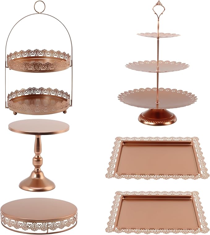 6 Pcs Rose Gold Cake Stands Set, QENUIITEA Cake Display Pedestal Tiered Cupcake Holder Dessert Plate Serving Tower Tray Decorative for Wedding Birthday Party Baby Shower Celebration