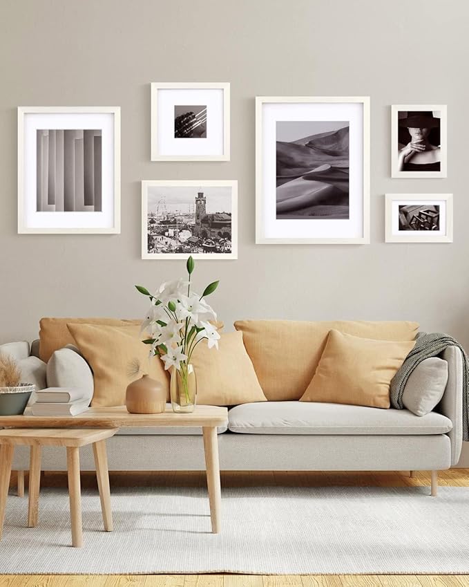 Egofine 6x8 Picture Frames Set of 4, Made of Solid Wood Covered by Plexiglass 4x6 and 5x7 with Mat or 6x8 without Mat, for Table Top Display and Wall Mounting Photo Frame Beige
