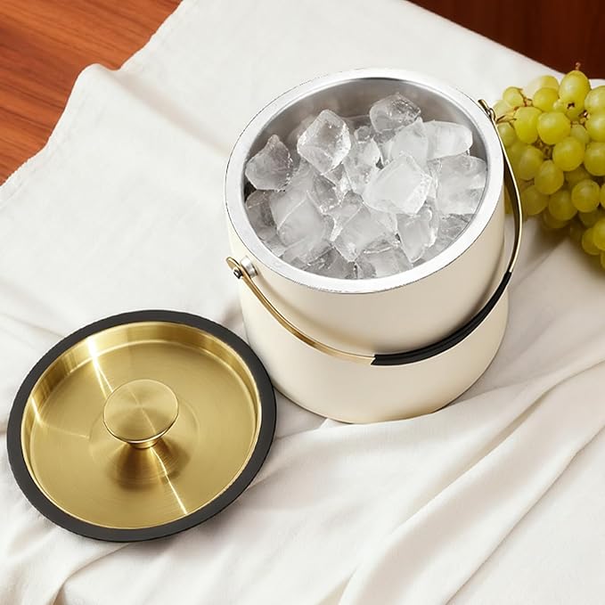 3.2L Modern Insulated Ice Bucket with Silicone Lid, Scoop, Strainer, Double Wall Stainless Steel Ice Bucket for Parties & Cocktail Bar,Ideal for Gift(Pearl White)