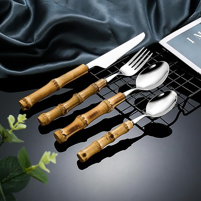 90-piece bamboo silverware cutlery set for 18, bamboo handle cutlery set reusable, flatware stainless steel, forks and spoons set for eating,dishwasher safe
