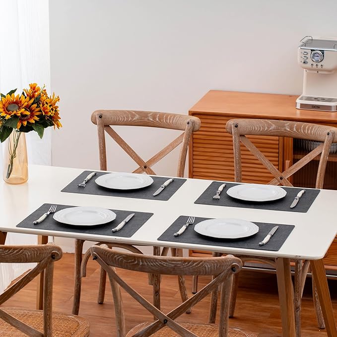 Vinyl Placemats Set of 4 - Faux Leather 100% Waterproof Oil-Proof Wipeable PU Place Mats, Heat Resistant Reversible Table Mats for Kitchen, Dining, Outdoor (Black)