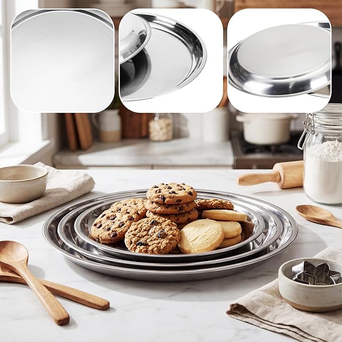 3 Pack Stainless Steel Large Silver Serving Trays Round Serving Platters 15.75" 13.78" 11.8" Metal Tray Set Mirror Tray for Party Kitchen Charcuterie(Smooth Style)