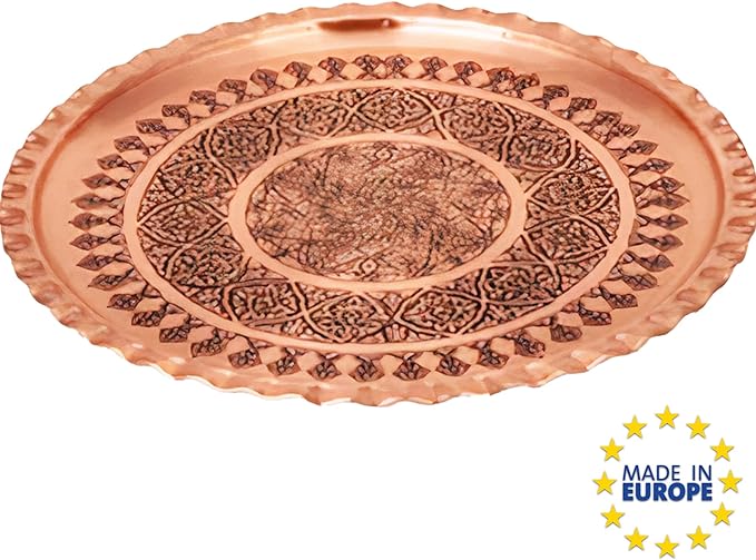 Handmade Copper Tea Tray for Turkish Tea, Round Ottoman Tray, Serving Platters for Coffee Table, Decorative Antique Metal Tray, Hammered Copper Round Tray, Vintage Drink Tray, 13.4 in