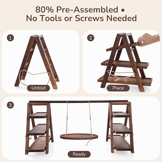 3-Tier Wooden Cupcake & Dessert Display Stand with Swing Frame – Rustic Torch-Finished Pine, Extra Wide 5.1" Trays, Pre-Assembled with Anti-Slip Pads, Party & Wedding Cake Holder
