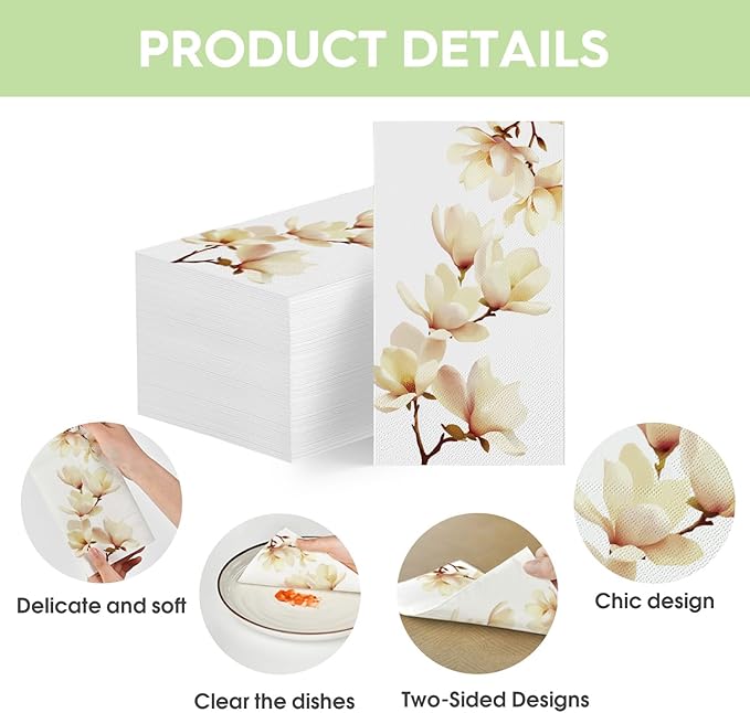 Horaldaily 200 Disposable Paper Decorative Guest Napkins, Magnolia Grandiflora Hand Towel for Party Lunch Dinner Kitchen Bathroom