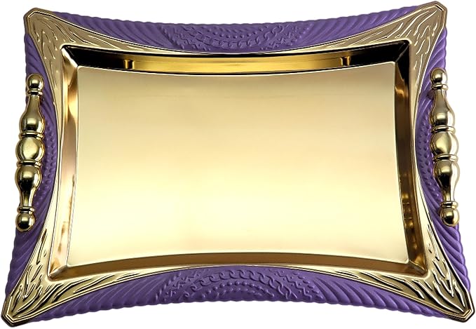 (Pack of 2) 14.2 Inch x 10.4 Inch Rectangular Star Shape Iron Gold Gray Purple Plated Serving Tray with Handles Purple Edge Floral Engraved Decorative Birthday Platter Plate CC-399