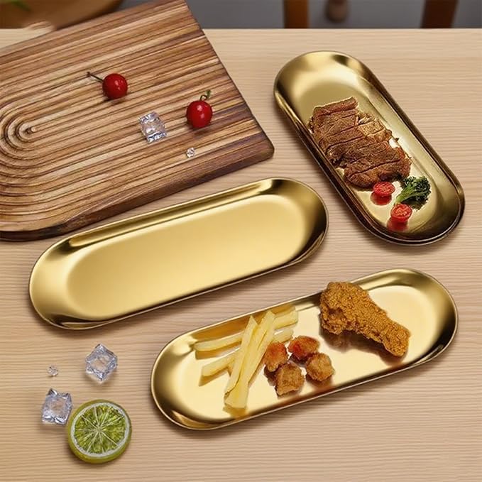 9x3.8Inch Gold Stainless Steel Decorative Tray, Oval Stainless Steel Small Serving Trays for Tea Fruit, Jewelry Plate, Decorative Storage Tray
