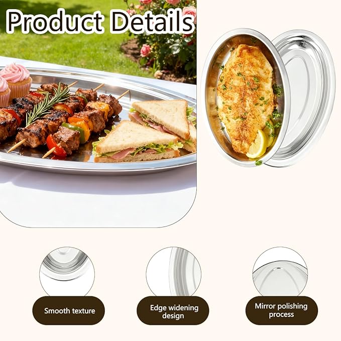 4 Pcs Stainless Steel Serving Tray Large Oval Platter Set,Stainless Steel Platter Heavy Duty Mirror Polish Oval Sizzle Platters Plate for All Dining Occasions,Kitchen,11.0",11.8",13.8",15.7"