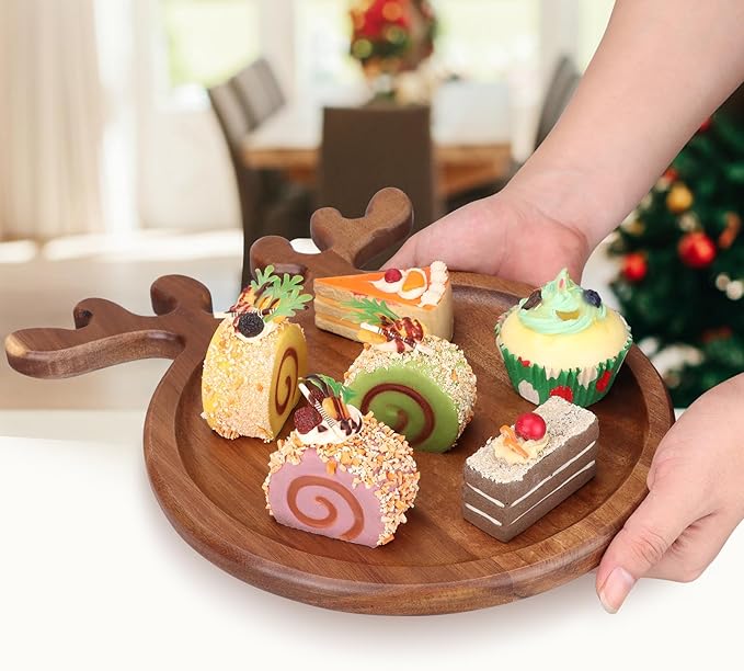 Acacia Wood Christmas Kitchen Decor Platters Dinner Plate Wooden Cheese Charcuterie Board Xmas Snack Cookies Trays Salad Charger Plates for Christmas Holiday Serving Dish Round Festive Dessert Platter