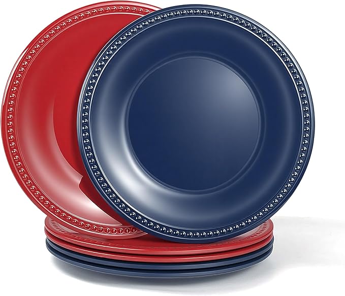 Melamine Beaded Dinner Plate Set of 6, BPA Free, Platter, Serving Dishes, Chip & Break Resistant, Lightweight, Great for Dining, Weddings & Everyday Meals (Patriotic Red & Blue, 11in (Pack of 6))