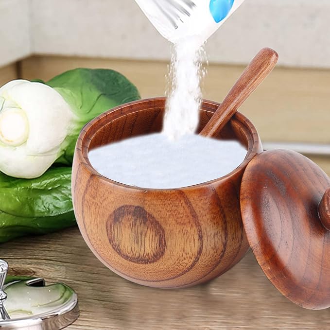 Hapivida 2Pcs Wood Spice Box, Salt Cellar with Lid and Spoon Salt Box Spice Jar Sugar Bowl Pepper Seasoning Container Holder