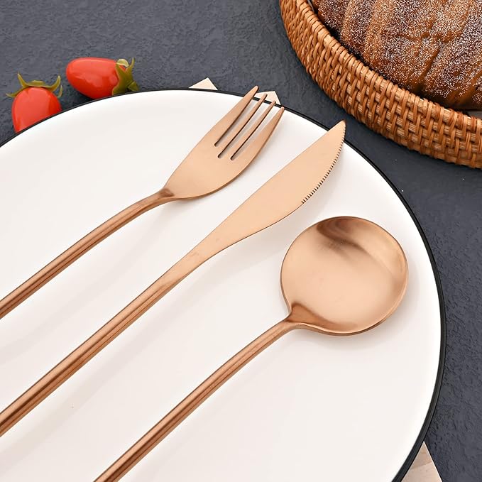 JASHII 304 Flatware Set Matte Copper Silverware Set Satin Finished 18/8 Stainless Steel Cutlery Set with Round Handle 24 Piece Wedding Housewarming Gift Service for 6 - Rose Gold