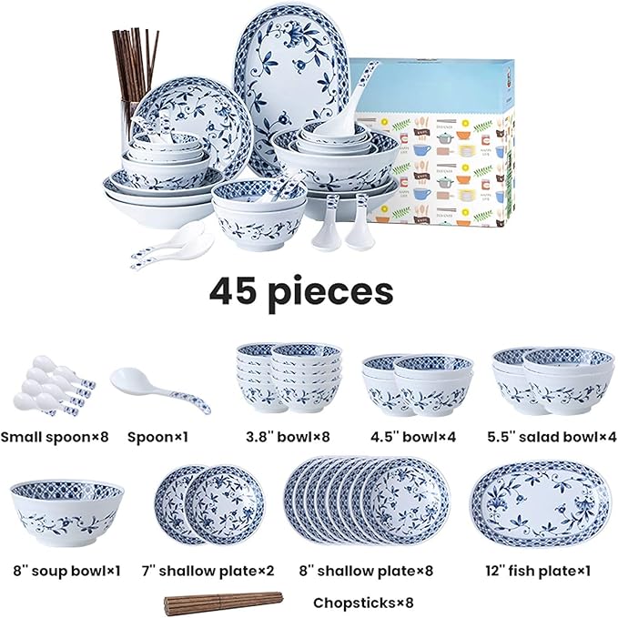 Kitchen Tableware Set,Ceramics Dinner Sets, Blue and White Porcelain Porcelain Dinnerware Set of 45 Simplicity Cereal Bowl and Steak Plate Set for Family Dinner