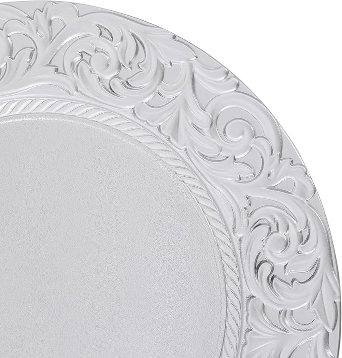 50 Pcs Antique Charger Plates Bulk Round Plastic Dinner Plate Embossed Rim Server Plate Decorative Chargers Floral Plates for Dinner Parties Wedding,13 Inch (silver-50pcs)