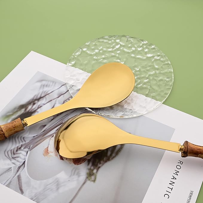 Buffet Serving Spoons Set of 4-10 inch Large Size Stainless Steel Salad Spoons - Natural Bamboo Handle Design - Serving Utensils for Home, Kitchen, Restaurant, Party (Gold)