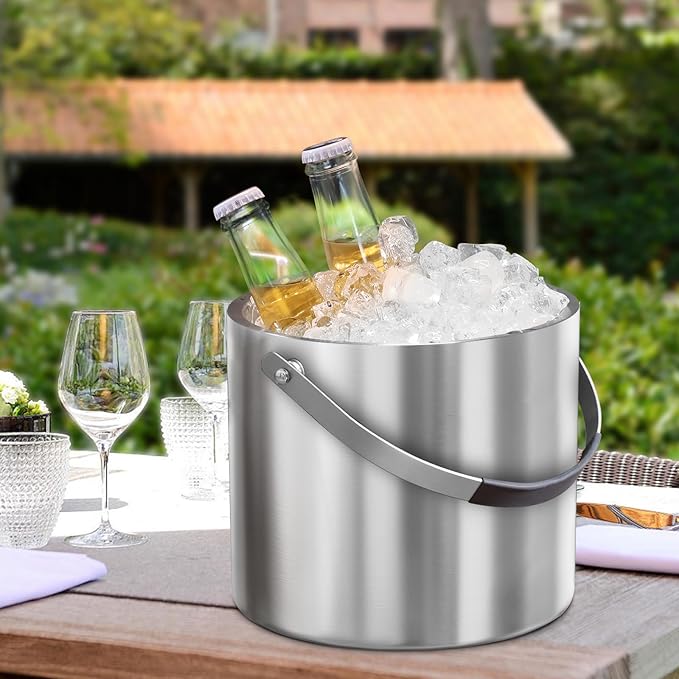 3.2L/3.4QT Insulated Ice Bucket with Silicone Lid, Tongs & Strainer, Double Wall Stainless Steel Ice Bucket for Parties and Cocktail Bar, Upgraded Silicone Cover Keep Ice Frozen Longer