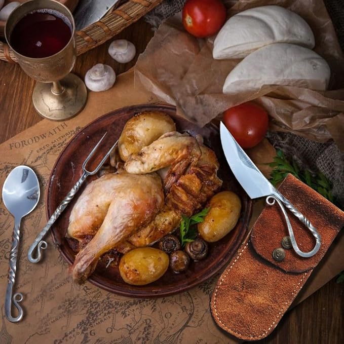 Customize Stainless Steel Viking Medieval Feasting Set, Handmade Mirror Polished Viking Twisted Pattern Flatware With Leather Pouch, Perfect for Cosplay and Gift for Loved Ones (Person 6)